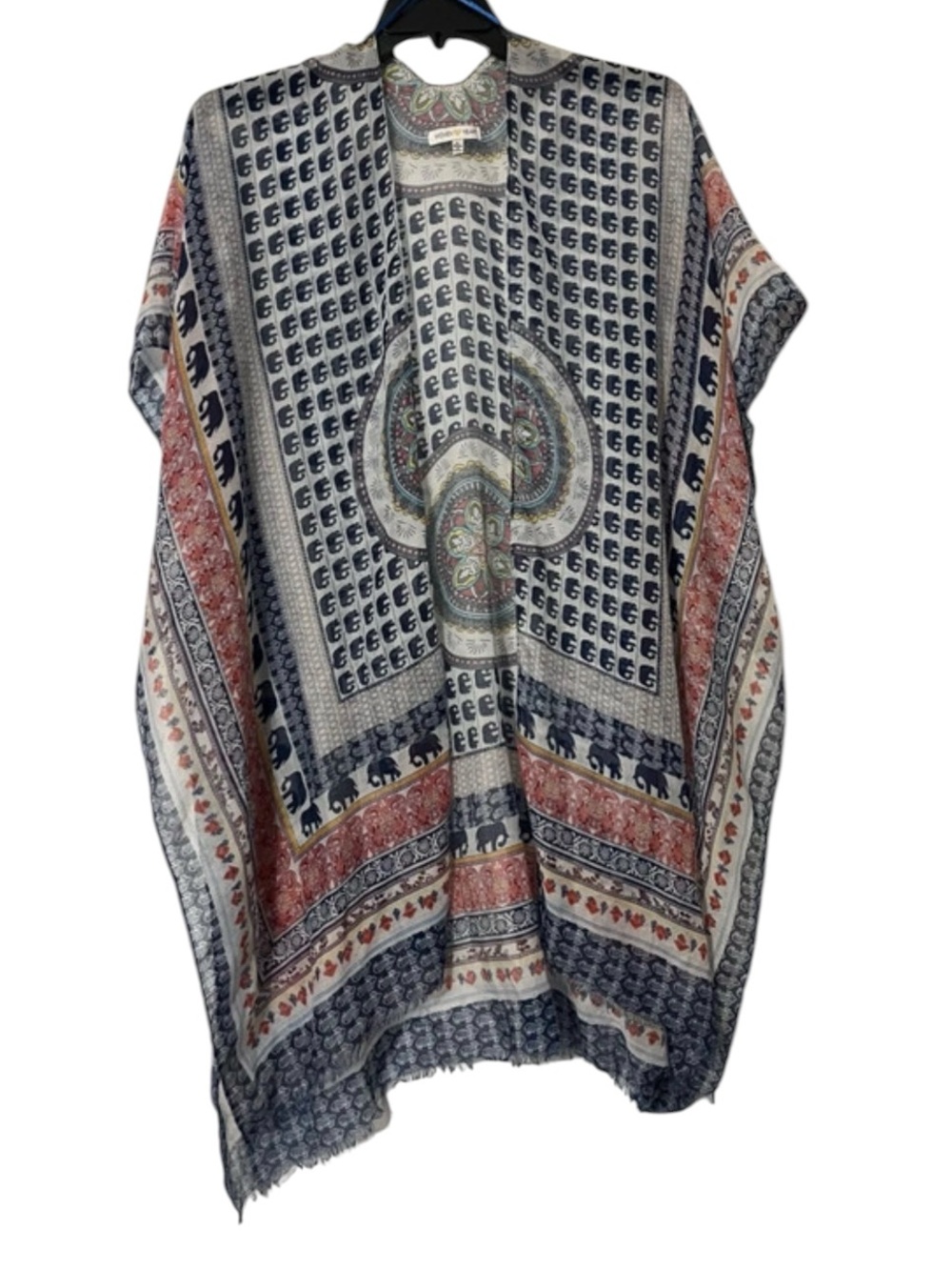 Woven Heart Boho Open Front Kimono Cardigan with Elephant Print - Size Large